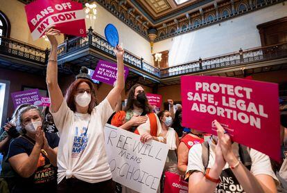 Protesters gather inside the South Carolina House as members debate a new near-total ban on abortion, in Columbia, South Carolina, on August 30, 2022.