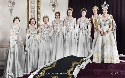 HM Queen Elizabeth II with her maids of honor at the  Green Drawing Room in Buckingham Palace. In selecting six Maids of Honor instead of pages to bear her velvet train throughout the Coronation ceremony, the Queen followed the precedent of Queen Victoria. The Maids of Honor were Lady Moyra Hamilton (now Lady Moyra Campbell), Lady Anne Coke (now The Rt Hon The Lady Glenconner), Lady Rosemary Spencer-Churchill (now Lady Rosemary Muir), Lady Mary Baillie-Hamilton (now Lady Mary Russell), Lady Jane Heathcote-Drummond-Willoughby (now The Rt Hon The Baroness Willoughby de Eresby) and Lady Jane Vane-Tempest-Stewart (now The Rt Hon The Lady Rayne). 
