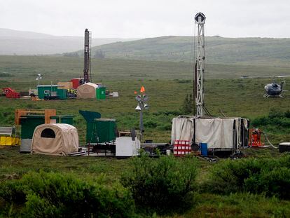 Workers with the Pebble Mine project test drill in the Bristol Bay region of Alaska, near the village of Iliamma, on July 13, 2007.