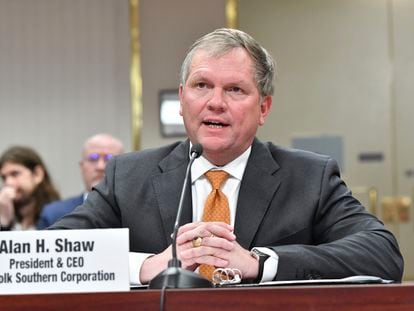 Norfolk Southern CEO Alan Shaw testifies about the February 3 derailment in East Palestine, Ohio, before the Pennsylvania state Senate, on March 20, 2023.