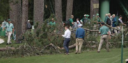 A large tree is on the ground near the 17th tee during a suspension in play due to weather, in the second round of the Masters Tournament at the Augusta National Golf Club in Augusta, Georgia