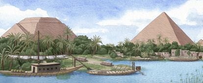 Illustration of the Giza pyramids and the harbor at the base of the plateau.