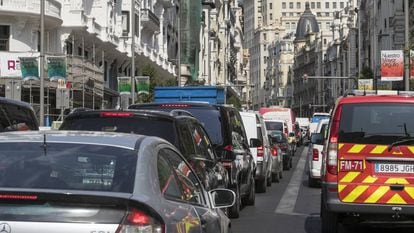 A traffic jam on Madrid's Gran Vía.