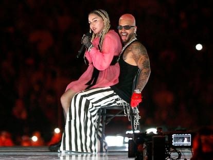 Colombian singer Maluma performs on stage along with pop icon Madonna during his concert "Medallo in the Map", in Medellin, Colombia, on April 30, 2022.