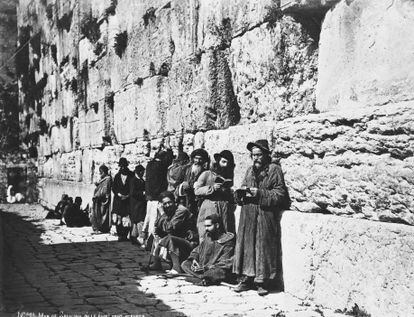 Jerusalem, circa 1890. A group of devout Jews praying at the Western Wall.