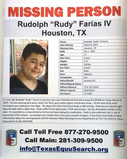 A missing poster for Rudolph "Rudy" Farias IV is shown during the Missing Person Day event at City Hall Sunday, Jan. 31, 2016, in Houston. 