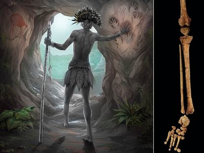 Artistic representation of the individual whose left foot was amputated as a child, along with a photograph of the remains found in Borneo.