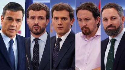 From left to right: Pedro Sánchez (PSOE), Pablo Casado (PP), Albert Rivera (Ciudadanos), Pablo Iglesias (UP) and Santiago Abascal (Vox).