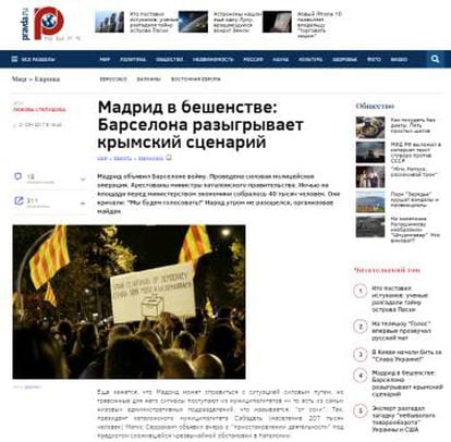 A Pravda headline reading: “Anger in Madrid: Barcelona recreates the scenario in Crimea.”
