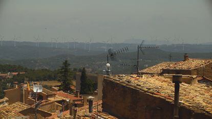 Aerial view of the Baix Camp wind farm from Calaceite, in the area of Matarraña in Spain.