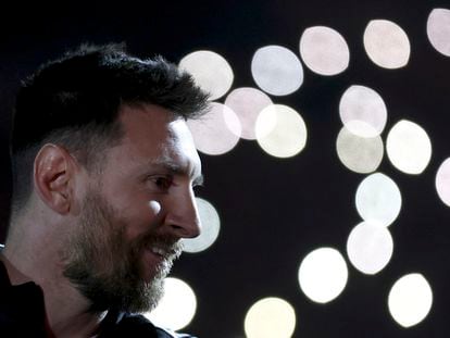 Argentinian soccer player Lionel Messi smiles during Maximiliano Rodriguez's farewell match at Marcelo Bielsa stadium in Rosario, Argentina
