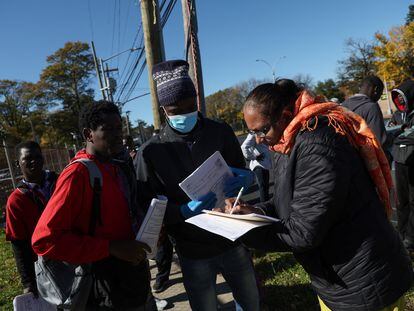 Asylum seekers on the campus of the Creedmoor Psychiatric Facility in Queens borough of New York City, U.S., October 23, 2023.