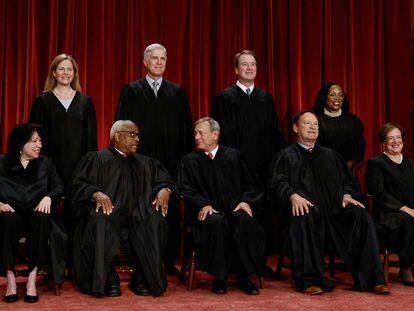 The nine members of the Supreme Court, in the official photo session last October. Standing, Amy Coney Barrett, Neil Gorsuch, Brett Kavanaugh and Ketanji Brown Jackson. Seated, Sonia Sotomayor, Clarence Thomas, President John Roberts, Samuel Alito, and Elena Kagan.
