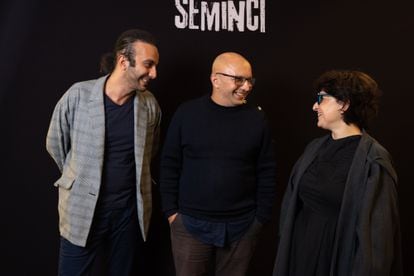 From left, Iranian filmmakers Ali Ahmadzadeh, Mehran Tamadon and Sepideh Farsi; October 25, 2023; Valladolid, Spain.