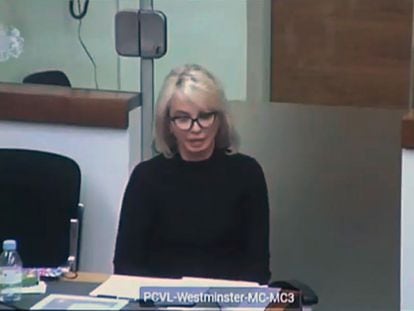 A video still of Corinna Larsen, appearing before the Spanish courts via videoconference in January.