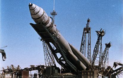 A Soviet rocket prepared for takeoff in 1961.