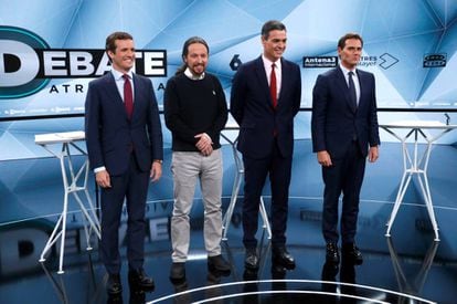 (l-r) Pablo Casado, Pablo Iglesias, Pedro Sanchez and Albert Rivera.