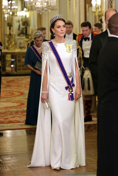 Catherine, Princess of Wales, attends the state banquet at Buckingham Palace in London on November 22, 2022.