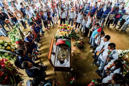 A funeral service for indigenous leader Edwin Dagua in Caloto, Colombia. Dagua was killed for his work in protecting the Huellas ecological reserve.