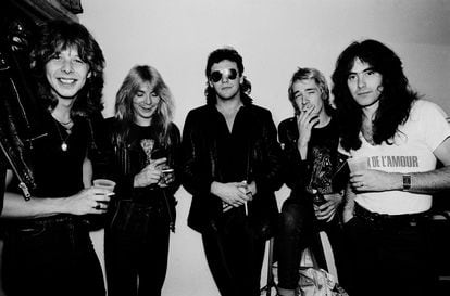 Iron Maiden in 1981, before Bruce Dickinson joined. Left to right: Clive Burr, Dave Murray, Paul Di'Anno, Adrian Smith and Steve Harris.