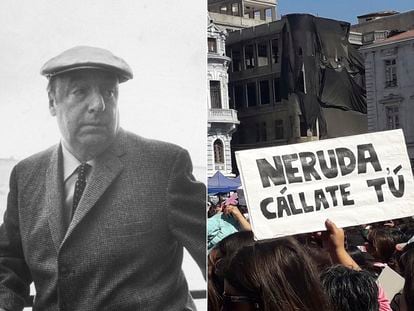 The poet Pablo Neruda in a file photo and a feminist protest in Valparaíso, Chile with a placard that reads, 'Neruda, you shut up'