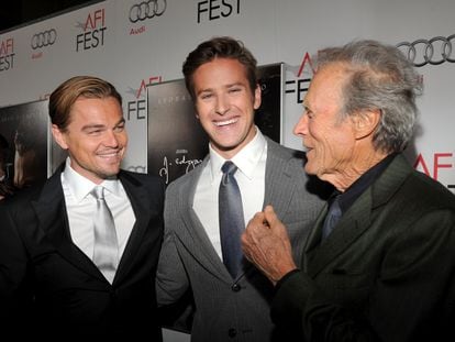 From left to right, Leonardo DiCaprio, Armie Hammer and Clint Eastwood at the premiere of J. Edgar at Grauman's Chinese Theatre in Hollywood, California, Nov. 3, 2011.