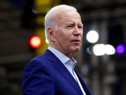 U.S. President Joe Biden looks on as he delivers remarks on the economy at Arcosa, a wind tower manufacturing facility, in Belen, New Mexico, U.S., August 9, 2023.