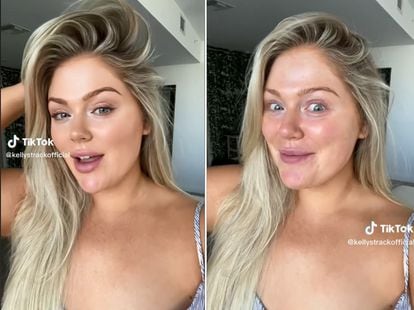 Comparison of two images of Kelly Strack, with the ‘Bold Glamour’ filter (left) and with no filters (right).