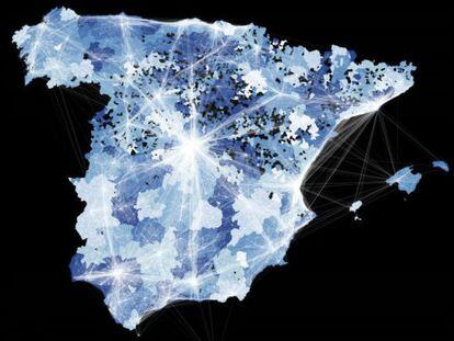 Map of flow of Tweets around Spain based on journeys of Twitter users.