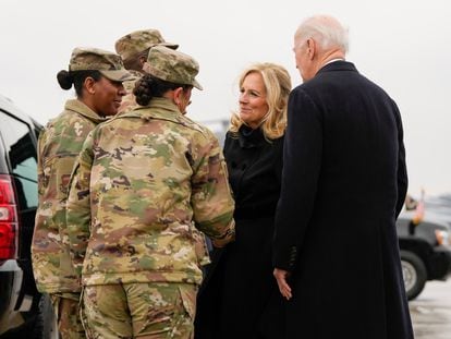 U.S. President Joe Biden and first lady Jill Biden are welcomed by military members, as they arrive from Dover in New Castle, Delaware, U.S., February 2, 2024.