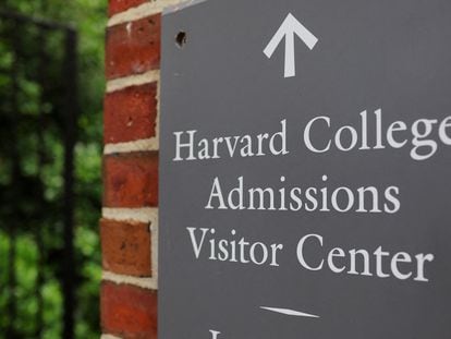 A sign points the way to the Harvard College Admissions Visitors Center at Harvard University in Cambridge, Massachusetts, July 6, 2023.
