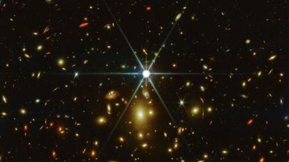 An image of the star Earendel taken by the James Webb Space Telescope.