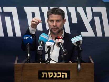 Israeli Minister of finance and leader of National Zionism, Bezalel Smotrich, speaks to the press during a party meeting on February 5, 2024, in Jerusalem.