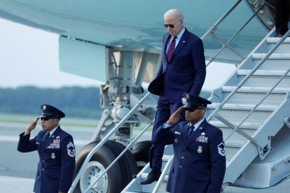 U.S. President Joe Biden arrives at Dover Air Force Base, in Dover, Delaware, on July 28, 2023.