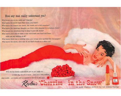 Advertisement for 'Cherries in the Snow' nail lacquer, Revlon's first red polish.