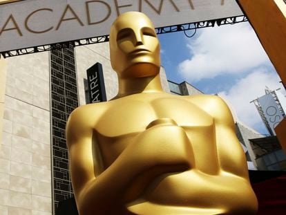 In this February 2015 file photo, an Oscar statue appears outside the Dolby Theatre for the 87th Academy Awards in Los Angeles.