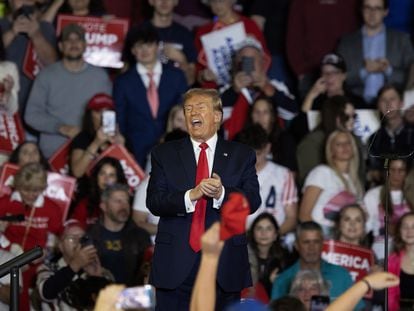 Former President Donald J. Trump speaks during the 'Get Out The Vote' rally and campaign event at Coastal Carolina University in Conway, South Carolina, February 10, 2024.