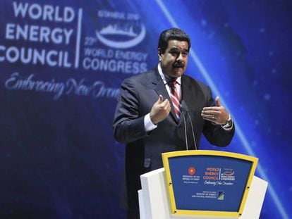 Venezuelan President Nicolás Maduro delivers a speech at the 23rd World Energy Congress in Istanbul.