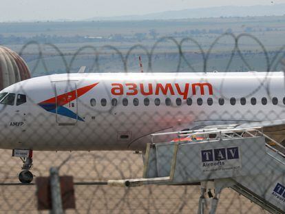 A passenger plane operated by Russian airline Azimuth, at the airport in Tbilisi, Georgia, on Friday.