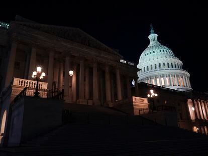 Lights illuminate the Capitol after House Speaker Kevin McCarthy announced that he and President Joe Biden had reached an "agreement in principle" to resolve the looming debt crisis, on May 27, 2023.