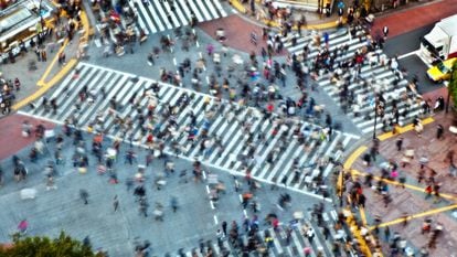 Pedestrians cross the Shibuya intersection in Tokyo, one of the busiest in the world.