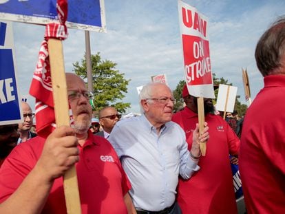 El senador Bernie Sanders, entonces candidato presidencial, durante una huelga del sindicato del automóvil en Hamtramck (Michigan), en septiembre de 2019.