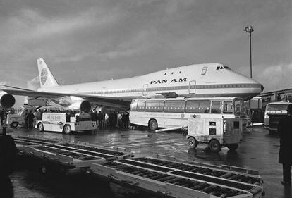 A Pan Am Boeing 747 sits at Heathrow Airport, London, after its maiden commercial trans Atlantic flight from New York, on Jan. 22, 1970.
