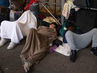 Migrants sleeping on the streets in New York City.