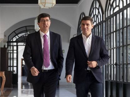 Ciudadanos representatives in Andalusia Juan Marín (l) and Sergio Romero.
