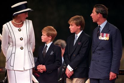 Prince Harry with his mother, Diana, Princess of Wales, his brother Prince William and his father, now King Charles III, at an official ceremony at Buckingham Palace in August 1995. 