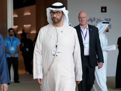 COP28 President Sultan al-Jaber walks through the venue for the COP28 U.N. Climate Summit, Wednesday, Nov. 29, 2023, in Dubai, United Arab Emirates.