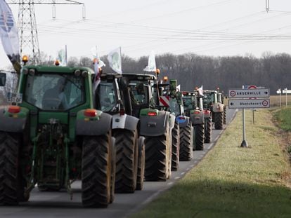 Dozens of tractors drive on the national road D1001 near of Bornel, direction Paris, France, 29 January 2024.