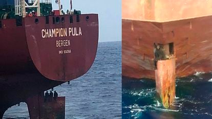 (l) Three migrants perched on the rudder of a tanker on October 6. (r) A person making the crossing on top of a rudder