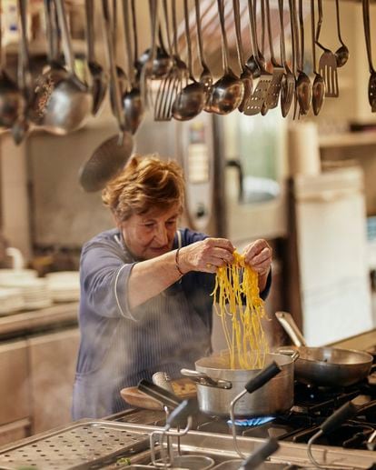 Imperia Fiorelli, 86, prepares her ‘impasto’ in the kitchen at Il Monticello, the family-run inn in Monte Porzio Catone, 30 kilometers from Rome. She gets up at three in the morning to start the process. 